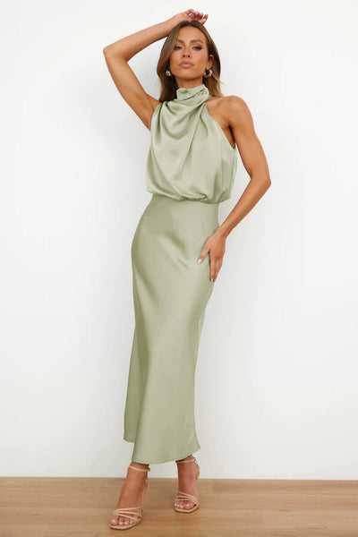 Moda Nova™ | Vestido largo de satén con escote redondo