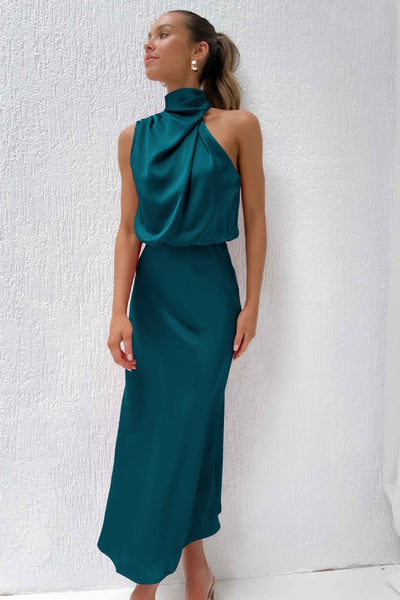 Moda Nova™ | Vestido largo de satén con escote redondo