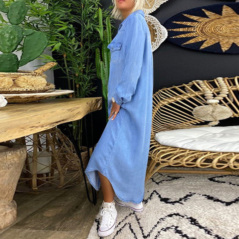 Moda Nova™ | Vestido largo de manga larga en denim