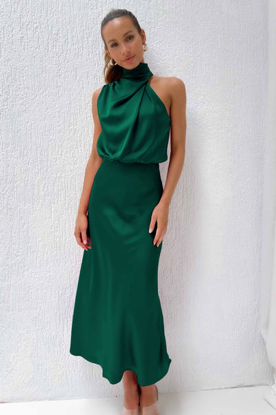 Moda Nova™ | Vestido largo de satén con escote redondo