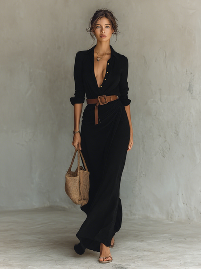 Paola - Vestido maxi con solapa elegante
