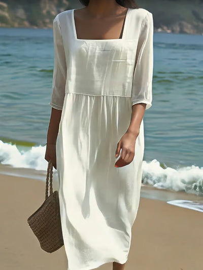 Moda Nova™ | Vestido de lino con escote cuadrado