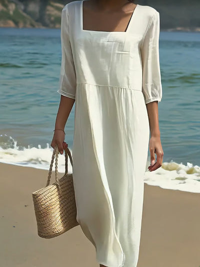 Moda Nova™ | Vestido de lino con escote cuadrado