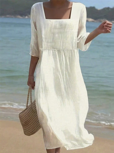 Moda Nova™ | Vestido de lino con escote cuadrado